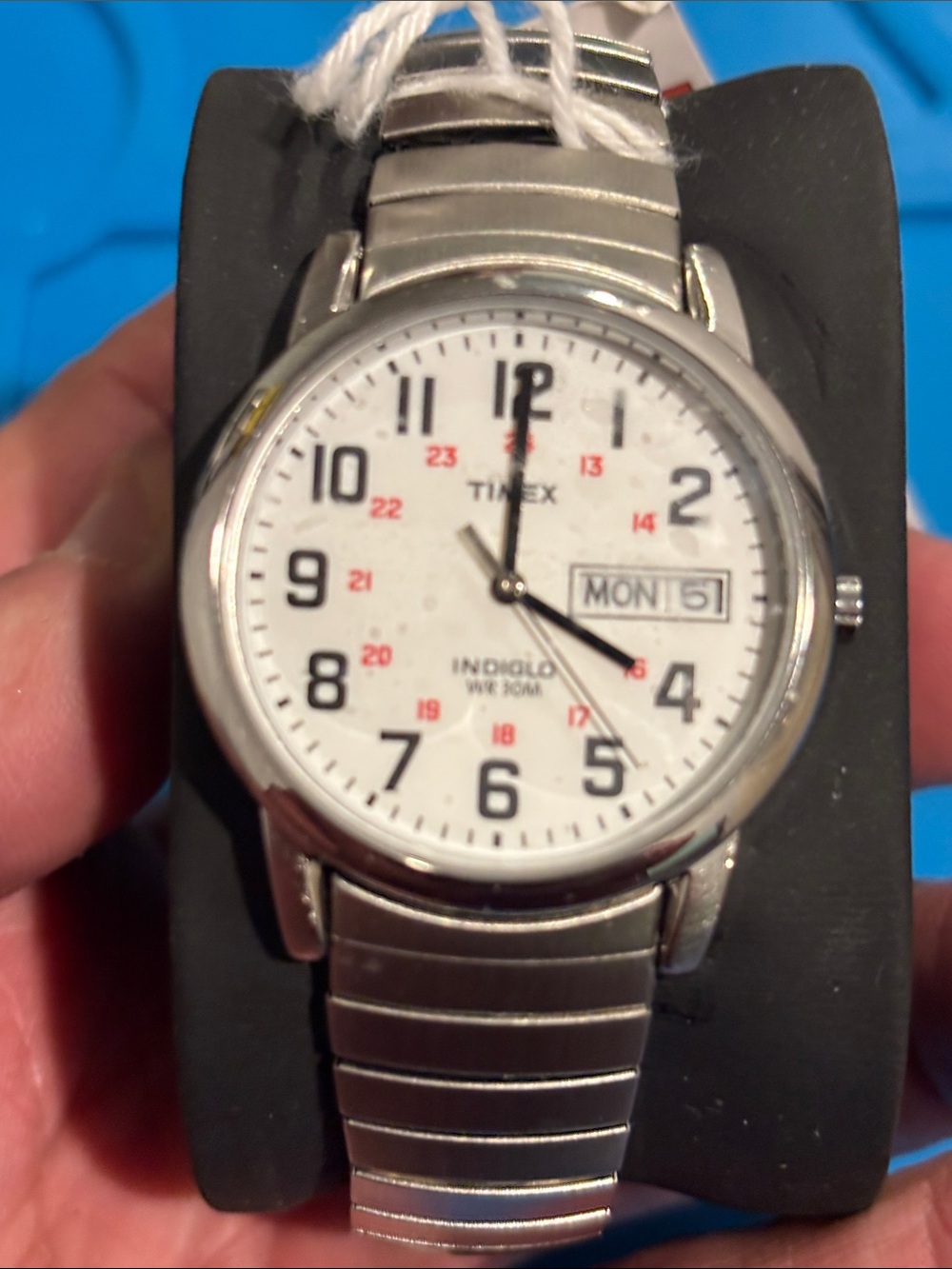 Timex Silver Watch with White Dial and Red 24-Hour Markers